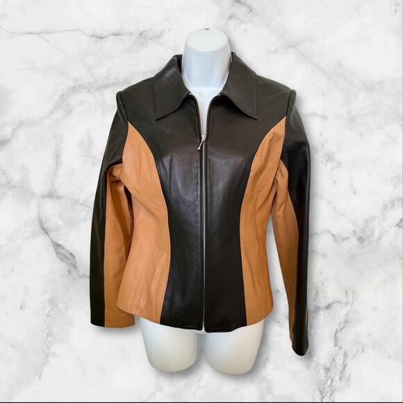 B&J Genuine Leather Two-Tone Black & Tan Zip Front Jacket Women’s Small - Picture 1 of 8